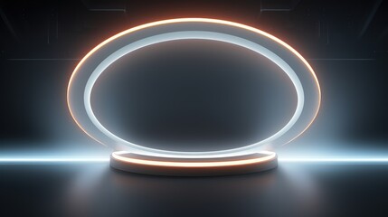 A futuristic display stage with glowing rings and a sleek surface, ideal for presentations or product showcases.