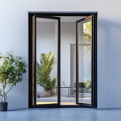 Modern and minimal house window for interior decoration isolated on background, open office glass window frame