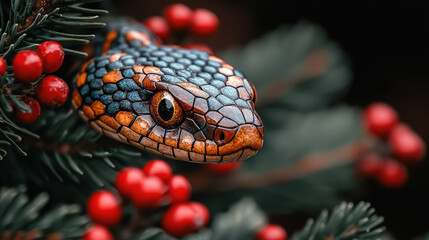 Fototapeta premium glass gold christmas tree decoration in the shape of a snake head with scale texture hanging on a fir-tree branch, new year 2025, symbol, chinese horoscope, decor, winter, blurred background, postcard