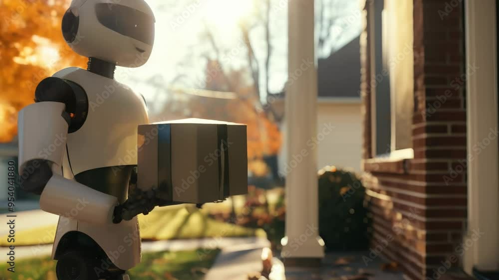Poster humanoid robot delivering a package to a home in a suburban neighborhood. symbolizing ai in delivery