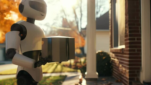 Humanoid robot delivering a package to a home in a suburban neighborhood. Symbolizing AI in delivery services and the future of home delivery.