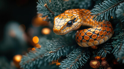 Fototapeta premium glass gold christmas tree decoration in the shape of a snake head with scale texture hanging on a fir-tree branch, new year 2025, symbol, chinese horoscope, decor, winter, blurred background, postcard