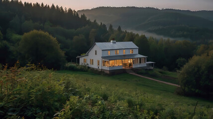 cozy farmhouse on hillside with greenhouse, white wooden facade of village house and forest at dawn,