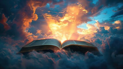 Open book with glowing light shining through the clouds.