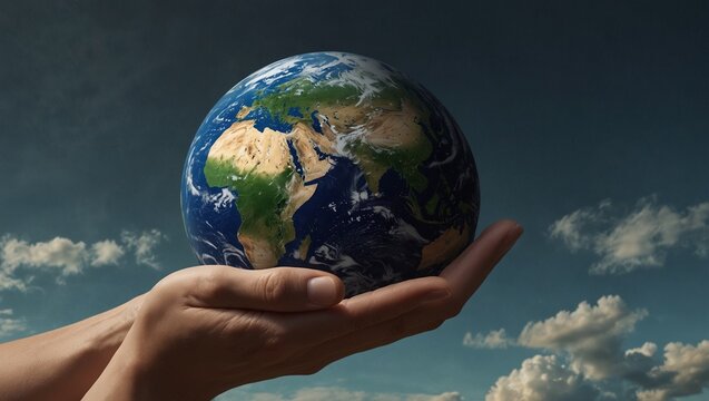 Hands gently holding the Earth against a backdrop of clouds