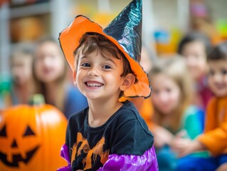  happy kids in carnival costumes and makeup with pumpkins halloween,photo