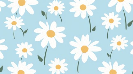 A light blue background adorned with various white daisies featuring yellow centers, creating a cheerful and fresh pattern.