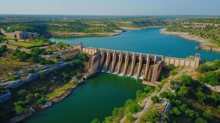 Aerial view of a large dam with a reservoir, surrounded by lush green landscape and blue sky in a sunny day.