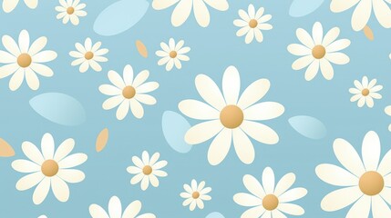 A light blue background adorned with white daisies and soft shapes, creating a cheerful and fresh atmosphere.