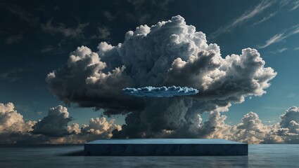 Dramatic cloud over a platform in vast open sky, surreal atmosphere.