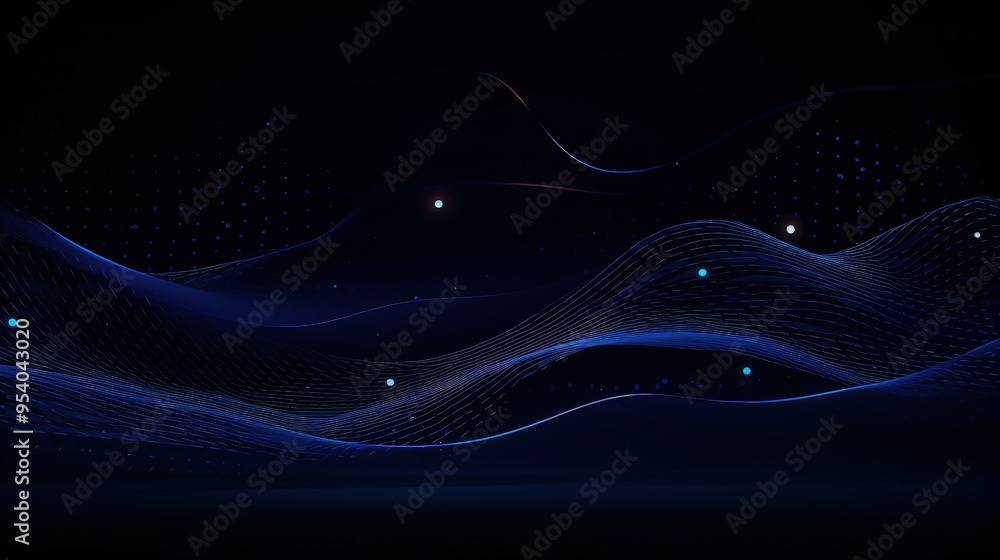 Poster a dark abstract background featuring flowing waves of light and dots, evoking a sense of depth and m