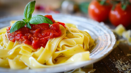 A plate of spaghetti topped with rich red sauce and fresh basil, showcasing a classic and flavorful Italian dish.