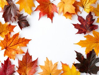 frame of colorful autumn leaves on a white background, photo