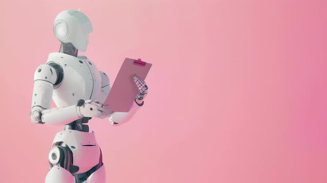 Humanoid robot holding a clipboard against a soft pink background. Concept of robotics in the workplace and AI-driven automation.
