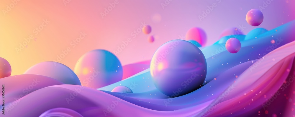 Poster colorful abstract 3d background with smooth waves and floating spheres. vibrant surreal scene in pas