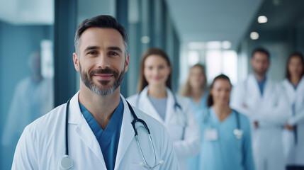 A confident male doctor stands at the forefront, smiling warmly, with his diverse team of healthcare professionals, including doctors and nurses, behind him. They are all dressed i