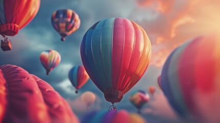 Fototapeta premium Colorful hot air balloons soar through the vibrant sky at sunset, creating a dreamy and serene atmosphere perfect for travel inspiration.