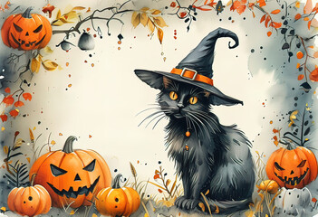 Funny Halloween greeting card with calligraphic patterns, pencil drawing, soft watercolor, concept art