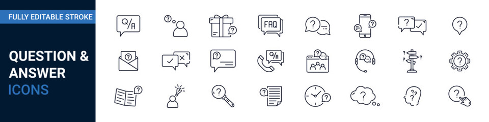 Question and Answer editable stroke icon set. Contains question mark, faq, help, support QnA, chat, ask person thin line web icon collection.