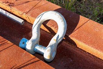 Photograph of large and rusty industrial D-Bolt that has been discarded and left outside in the...