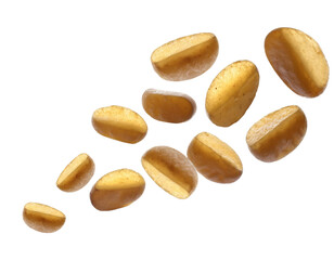 Falling fried Potato wedges, full depth of field, png isolated on white background