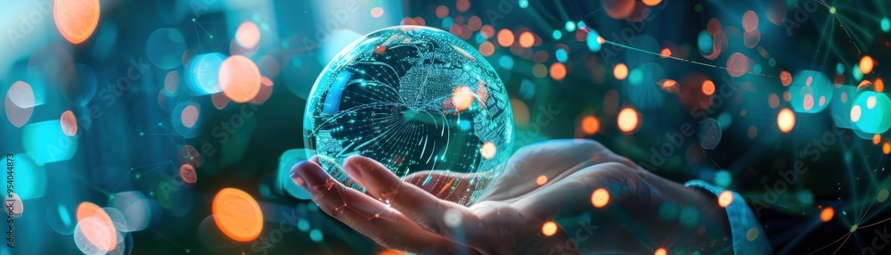 Poster hand holding a digital globe with network connections, representing global technology and connectivi