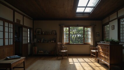 Sunlit rustic living room with wooden furniture and a large window.