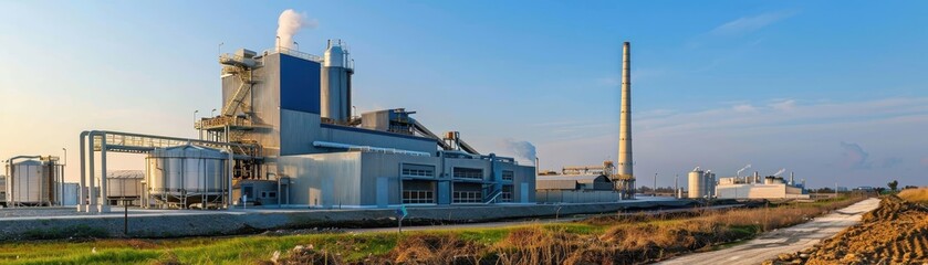 Modern industrial power plant with chimneys emitting steam and surrounding green landscape, under a clear blue sky.