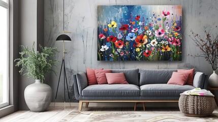 Modern living room with a colorful floral painting, a gray couch with pink pillows, and a large potted plant by the window.