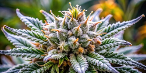 Close-Up Shot Of A Sticky, Resinous Cannabis Bud With A Frosty Trichome Coating And Dark, Dense Leaves.