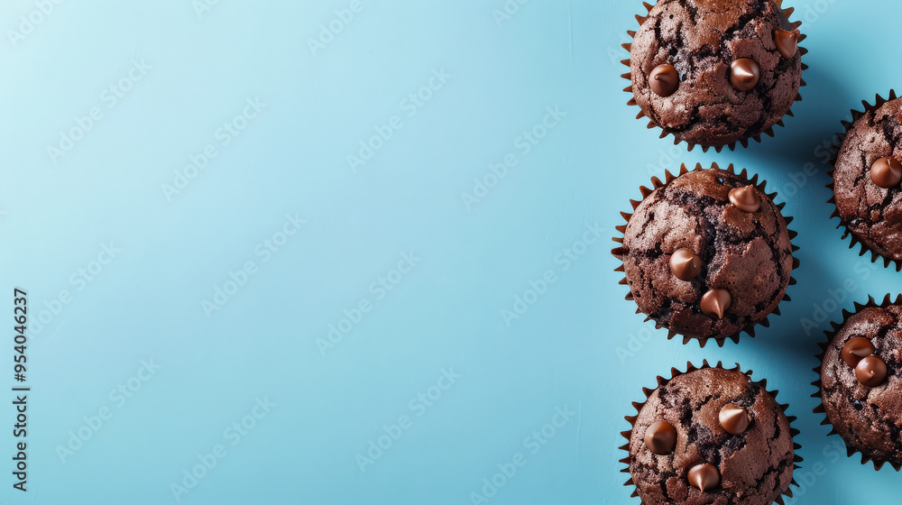 Poster a blue background with a row of chocolate muffins with chocolate chips on top. the muffins are arran