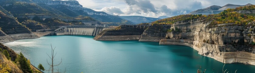 Panoramic view of a serene dam reservoir surrounded by rocky cliffs and mountains under a cloudy sky, with turquoise water reflecting the landscape.