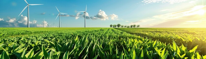 Fototapeta premium Panoramic view of lush green fields with wind turbines under a clear blue sky, capturing renewable energy and sustainable agriculture.