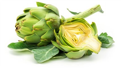 Fresh artichoke on white background. This image showcases the vibrant green color and intricate layers of the artichoke. Perfect for food blogs, cooking recipes, and healthy eating promotions. AI