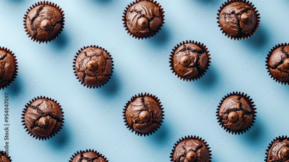 Aufkleber a blue background with a row of chocolate muffins with chocolate chips on top. the muffins are arran