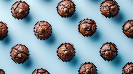A blue background with a row of chocolate muffins with chocolate chips on top. The muffins are arranged in a row and are placed on a table