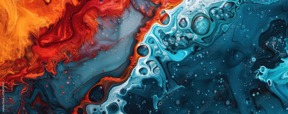 Poster vibrant abstract painting blending fiery orange and cool blue tones with intricate bubbles and textu