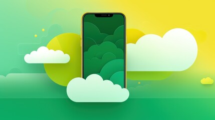 Fototapeta premium A vibrant digital illustration featuring a smartphone surrounded by stylized clouds and circular shapes in green and yellow hues.