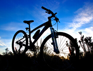 Naklejka premium silueta de una bicicleta de montaña bajo el atardecer 