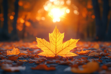 Maple leaf is falling on ground with golden bokeh in the background