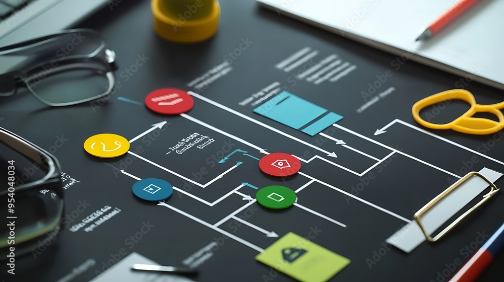 Poster workflow diagram with colored icons and arrows on a black surface