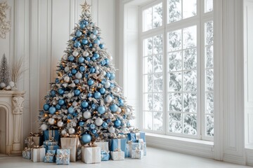 A beautifully decorated white Christmas tree with blue and silver ornaments in a sophisticated, all-white interior, evoking a serene holiday ambiance..