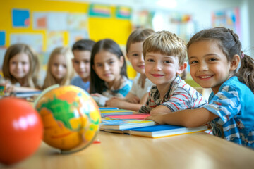 Diverse group of smiling children sitting together at a desk