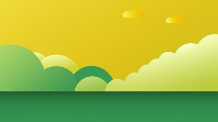 Fototapeta premium A vibrant, minimalist landscape featuring rolling green hills against a bright yellow sky with soft clouds.