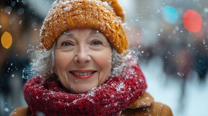portrait of happy elderly woman under falling snow