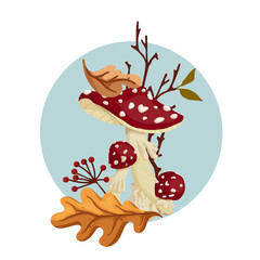 Autumn composition with fly agaric mushrooms, dry branches and colorful autumn leaves. Vector graphics.