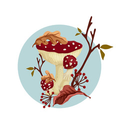 Autumn composition with fly agaric mushrooms, dry branches and colorful autumn leaves. Vector graphics.