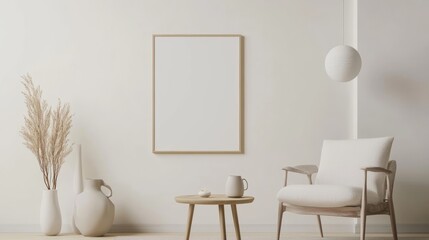 Modern Living Room Decor Template with Blank Poster and Stylish Accessories