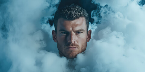 Young cool man surrounded by puffs of steam and smoke on simple color background with copy space. Template for vape store smoking products