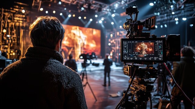 A bustling environment on the set of a TV hosting show, showcasing camera operators and stage crew as they prepare for the upcoming broadcast.